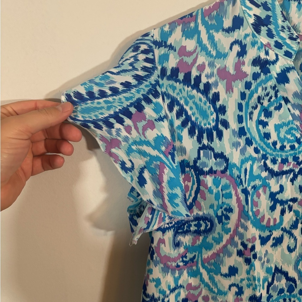 Boho Paisley Flutter Sleeve V-Neck Blouse Top Blue Pink Size Large - Picture 4 of 8